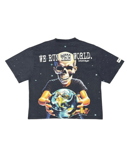 A black graphic t-shirt featuring a large print of a skull holding the Earth, with the text 'WE RUN THE WORLD.' across the chest and 'Winsteyer' printed below it.