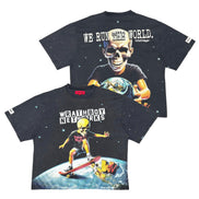 Two black short-sleeve graphic t-shirts shown flat against a white background, displaying the front and back designs of the Wrath of the World band merchandise.