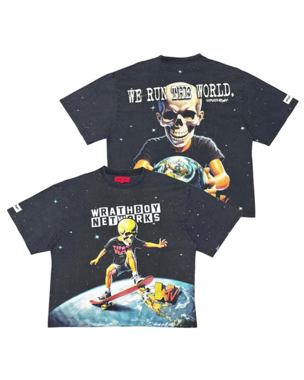 Two black short-sleeve graphic t-shirts shown flat against a white background, displaying the front and back designs of the Wrath of the World band merchandise.