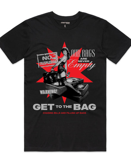 Black t-shirt with graphic design featuring text and images on a white background