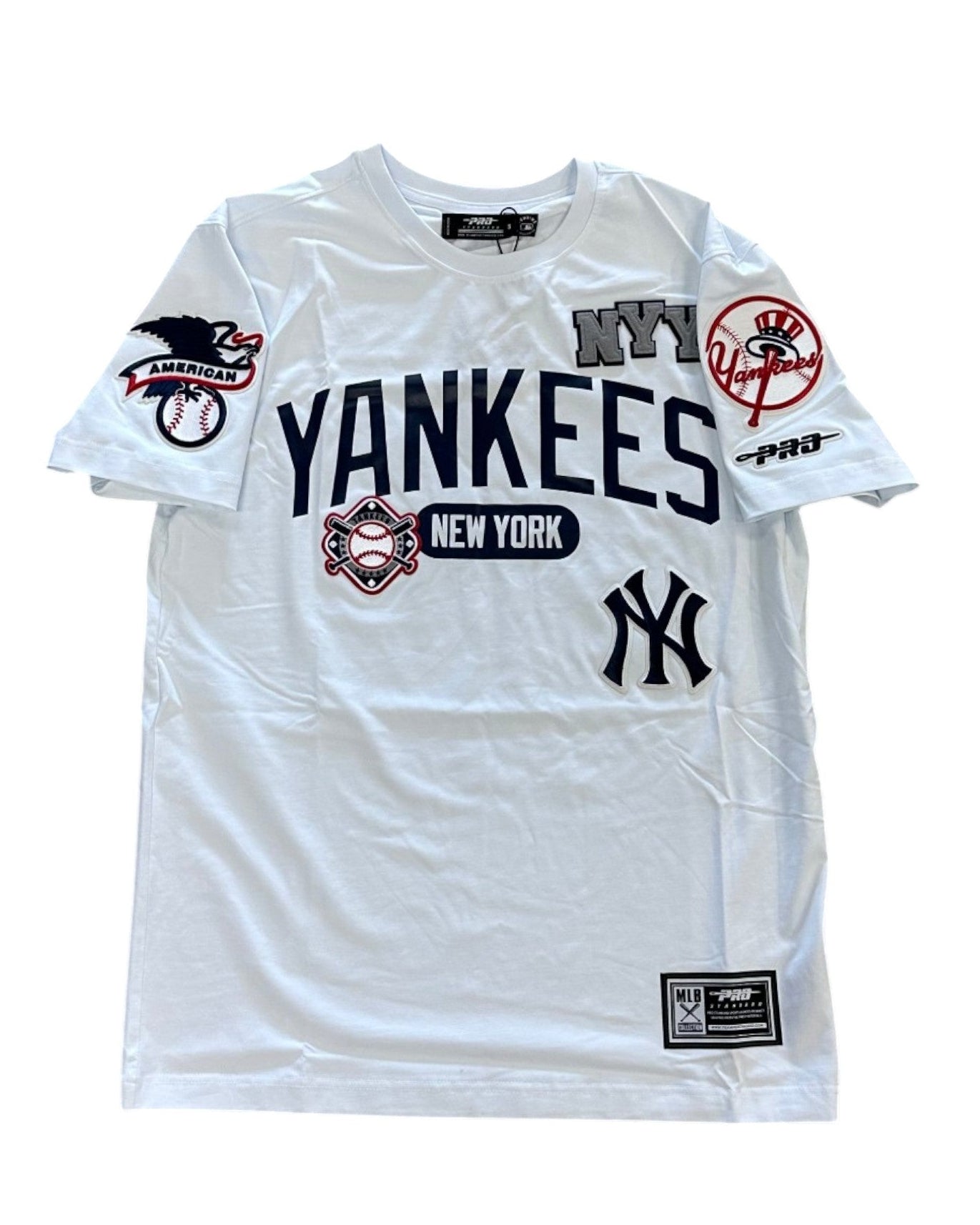 White t-shirt with New York Yankees logos on a white background