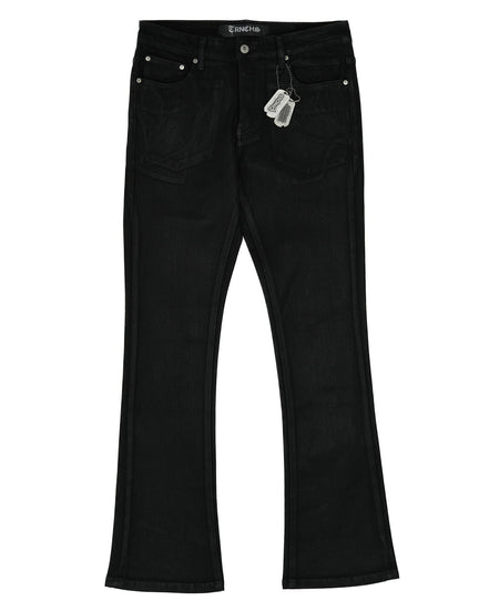 Black jeans with a tag on a white background