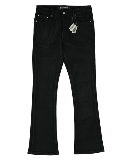 Black jeans with a tag on a white background
