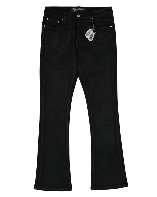 Black jeans with a tag on a white background