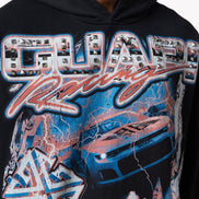 Person wearing a hoodie with 'Charger Racing' design featuring a car and text.
