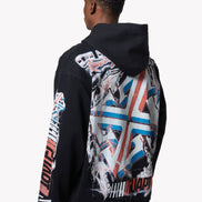 Person wearing a black hoodie with colorful graphic designs on the back against a white background