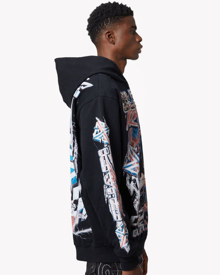 Person wearing a black hoodie with colorful graphics on a white background