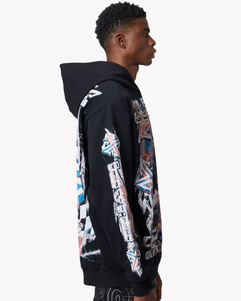 Person wearing a black hoodie with colorful graphics on a white background