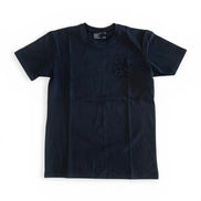 Black t-shirt with a small design on a white background