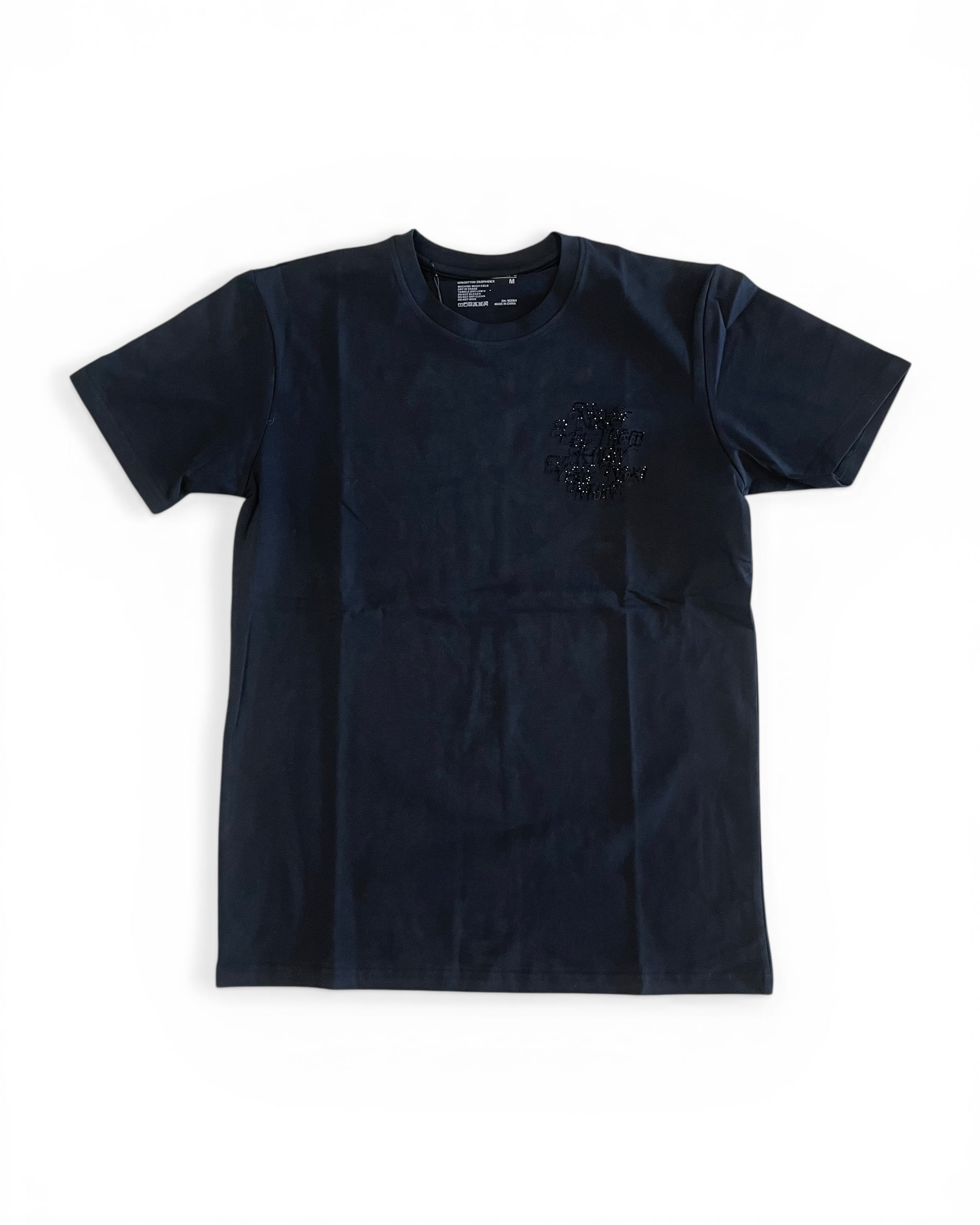 Black t-shirt with a small design on a white background