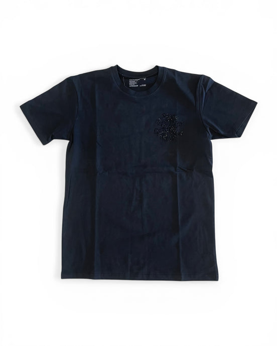 Black t-shirt with a small design on a white background