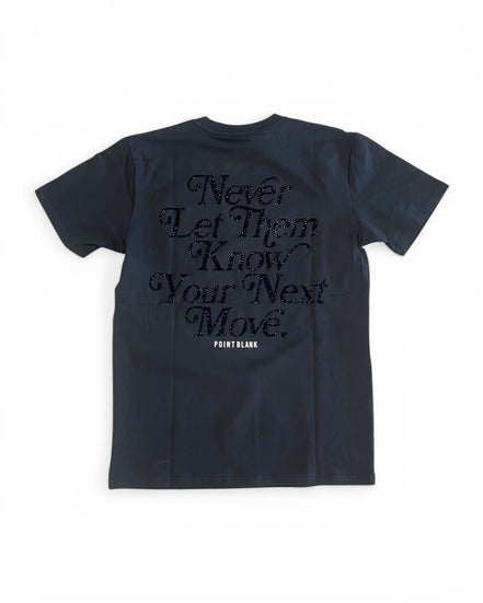 Black t-shirt with text on the back on a white background