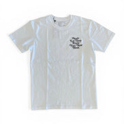 White t-shirt with black text on a white background