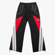 Black pants with red and white accents on a white background