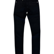 A pair of black slim-fit jeans shown flat against a plain white background, featuring silver rivets and a visible 'OATH' brand label on the waistband.