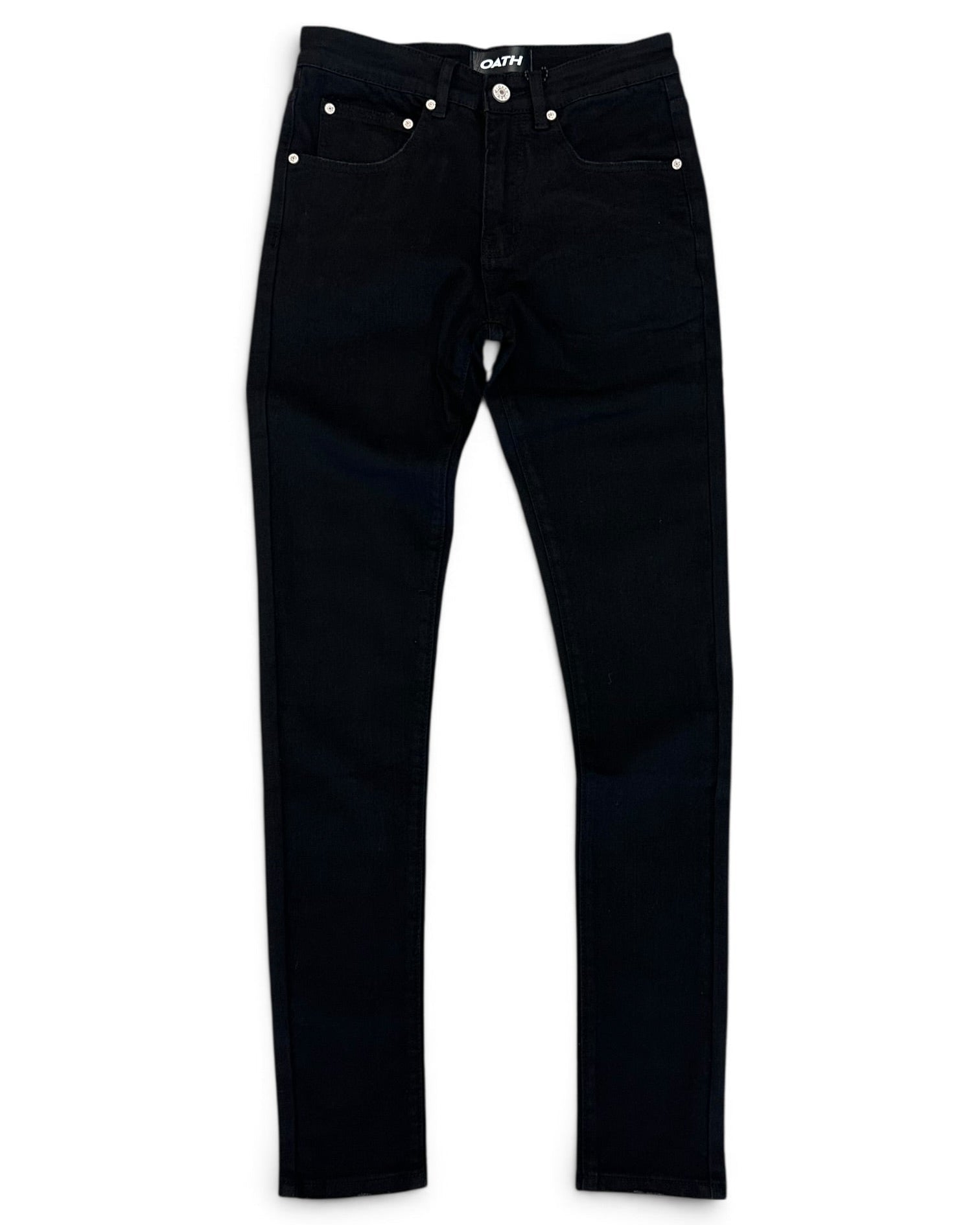 A pair of black slim-fit jeans shown flat against a plain white background, featuring silver rivets and a visible 'OATH' brand label on the waistband.