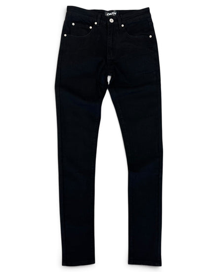 A pair of black slim-fit jeans shown flat against a plain white background, featuring silver rivets and a visible 'OATH' brand label on the waistband.
