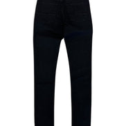 Black slim-fit jeans shown from the back, featuring a dark wash and classic five-pocket design, laid flat on a white background.