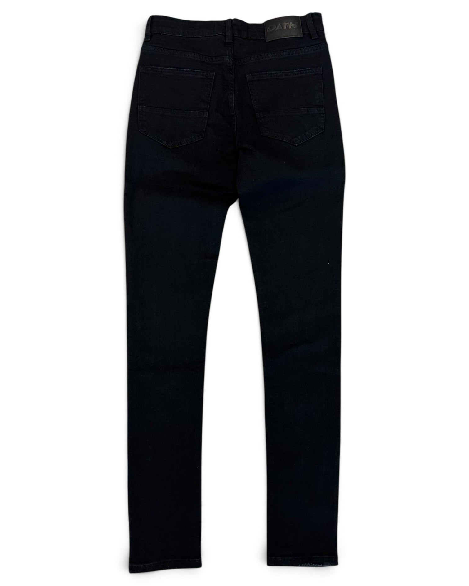 Black slim-fit jeans shown from the back, featuring a dark wash and classic five-pocket design, laid flat on a white background.