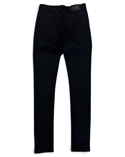 Black slim-fit jeans shown from the back, featuring a dark wash and classic five-pocket design, laid flat on a white background.
