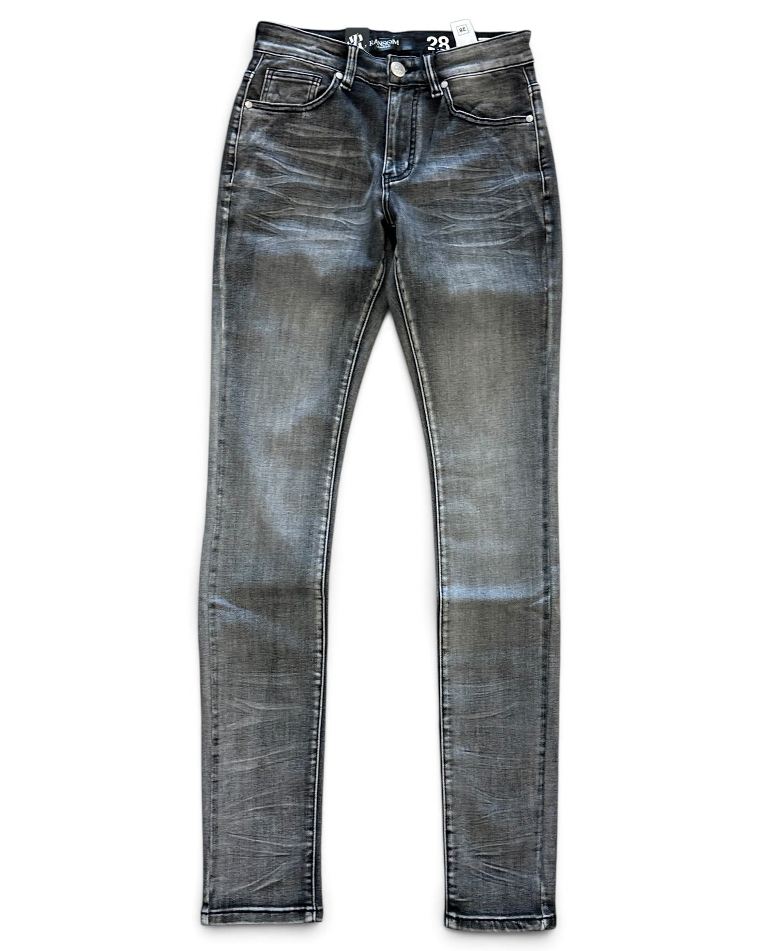 A pair of slim-fit jeans in a washed charcoal gray denim, shown flat against a plain white background.