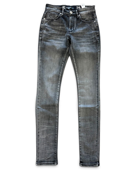 A pair of slim-fit jeans in a washed charcoal gray denim, shown flat against a plain white background.