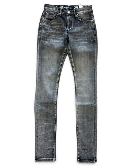 A pair of slim-fit jeans in a washed charcoal gray denim, shown flat against a plain white background.
