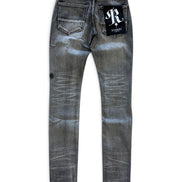 A pair of slim-fit denim jeans in a washed gray-blue wash, shown from the back on a white background. The back pocket features a black patch with a white 'R' logo and 'RAIDOMA' text, and a small black tag is visible on the left thigh.