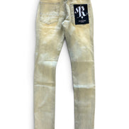 A pair of light beige acid-wash skinny jeans shown from the back, featuring a black brand patch with a white 'R' logo on the back right pocket and a matching black waistband label.