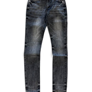 A pair of slim-fit jeans in a washed black denim wash with faded blue highlights, shown flat against a white background.