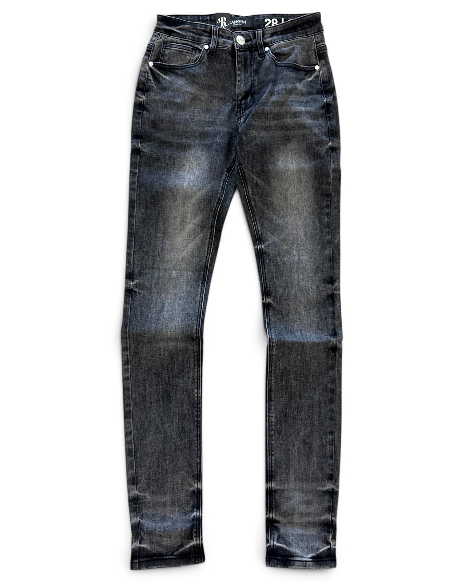 A pair of slim-fit jeans in a washed black denim wash with faded blue highlights, shown flat against a white background.