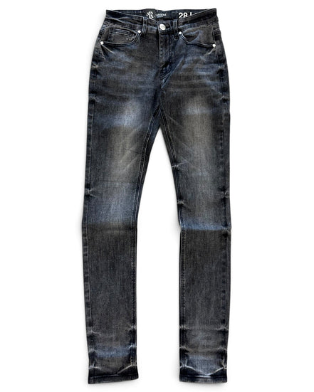 A pair of slim-fit jeans in a washed black denim wash with faded blue highlights, shown flat against a white background.