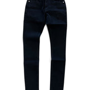 A pair of dark navy blue skinny jeans laid flat against a white background.