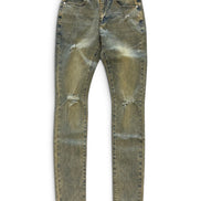 Distressed skinny jeans in a faded olive green wash with light abrasion and whiskering, shown flat against a white background.