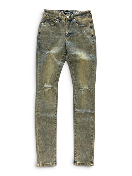 Distressed skinny jeans in a faded olive green wash with light abrasion and whiskering, shown flat against a white background.
