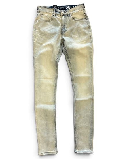 A pair of slim-fit jeans in a light beige or sand wash, laid flat against a white background.
