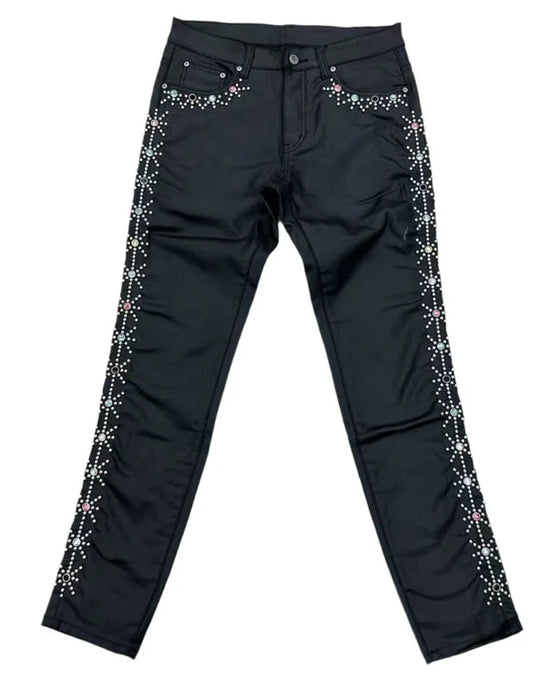 Black pants with decorative elements on a white background