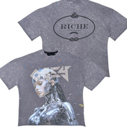 Gray t-shirt with robot graphic and 'Riche' branding on a white background