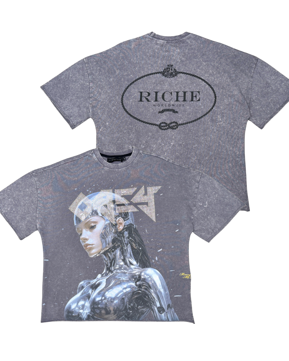 Gray t-shirt with robot graphic and 'Riche' branding on a white background
