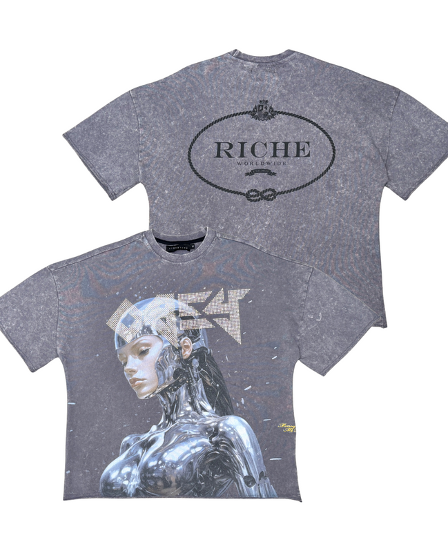 Gray t-shirt with robot graphic and 'Riche' branding on a white background