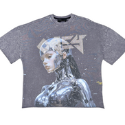Gray t-shirt with a robot design on a white background