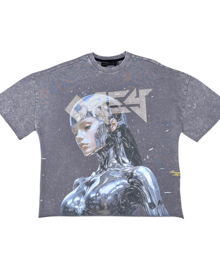 Gray t-shirt with a robot design on a white background