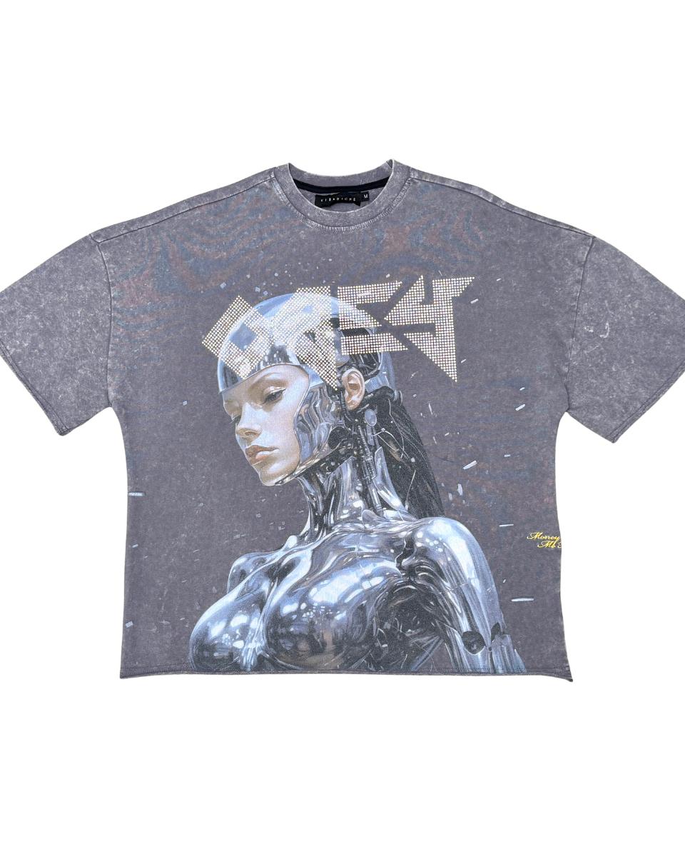 Gray t-shirt with a robot design on a white background
