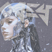 Artificial intelligence-themed design with a metallic robot and abstract patterns on a dark background