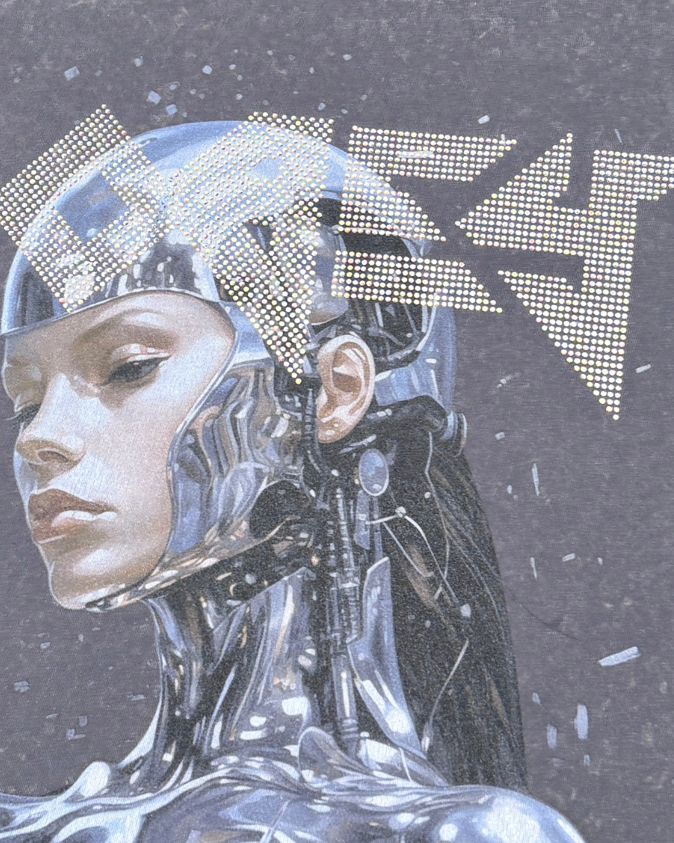 Artificial intelligence-themed design with a metallic robot and abstract patterns on a dark background