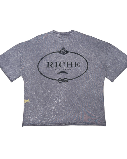 Gray t-shirt with 'Riche' logo on a white background