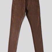 A pair of slim-fit brown jeans laid flat against a solid light gray background.
