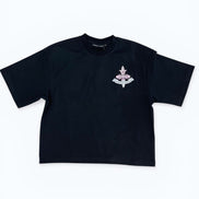 Black t-shirt with a small white logo on a white background