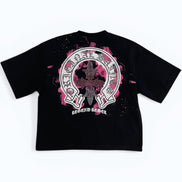 Black t-shirt with pink and white graphic design on a white background