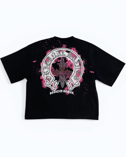 Black t-shirt with pink and white graphic design on a white background